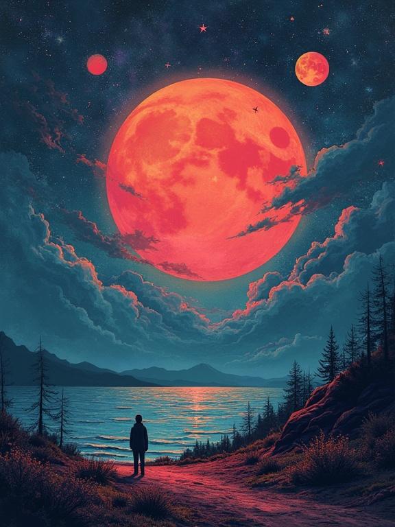 A surreal digital painting featuring a large red moon over a calm body of water. A person stands on the shore gazing at the sky filled with stars. The landscape includes distant mountains and silhouetted trees. The colors are vibrant with a mix of reds, blues, and dark tones. The painting evokes feelings of awe and a touch of dread in a cosmic setting.