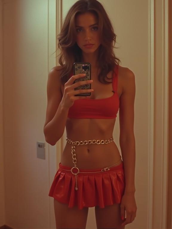 Woman poses in mirror wearing cropped top and micro skirt. She holds a cellphone. Belly chain and pleated skirt enhance outfit. Image shows low resolution and saturated colors.