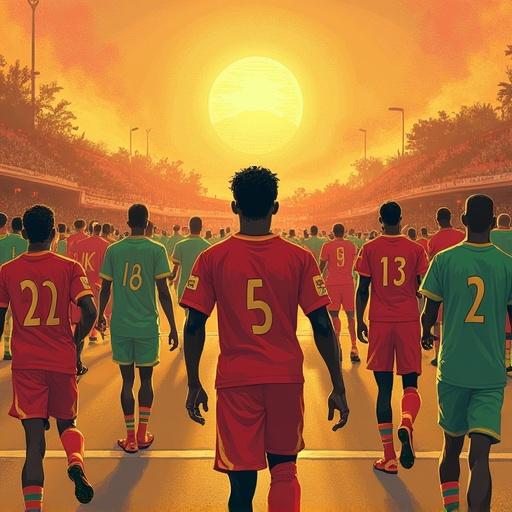 Generate an illustration depicting a football match draw between Al Ahly and Sundowns. Include players in their jerseys standing under a sunset with silhouettes visible.
