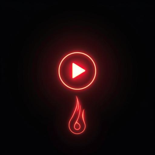 Stylized illustration of a playback button with a red flame below. Solid black background emphasizes design. Suggests speed and performance.