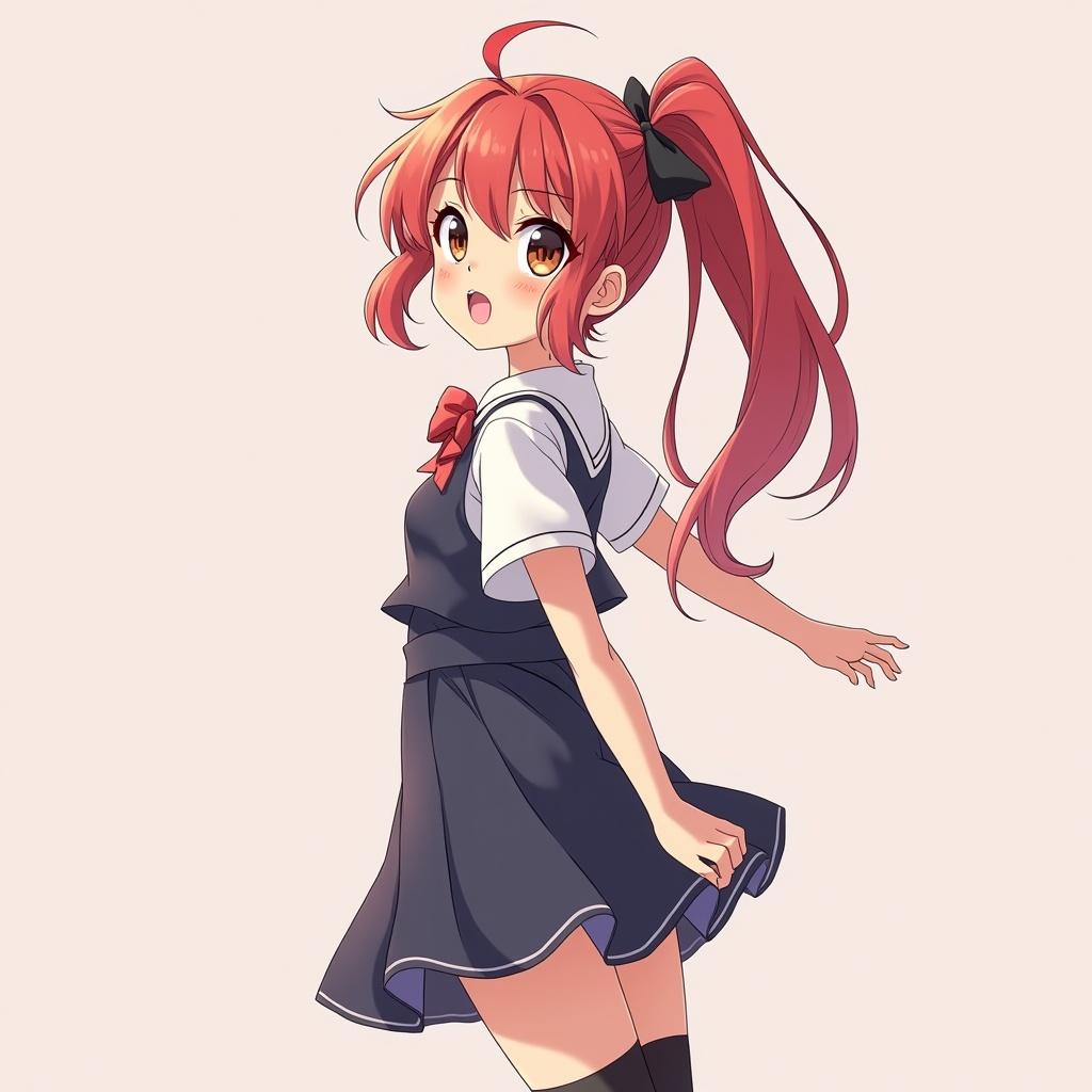 Anime style character depicted in a dynamic pose showcasing a full view from the front, back, and side. The character has vibrant red hair styled in a ponytail with a bow. She wears a school uniform consisting of a short-sleeved white shirt and a dark blue skirt. The background is a light pastel color.