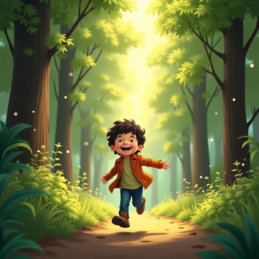 A child is joyfully walking and skipping down a forest path. The scene is lively with bright sunlight filtering through the trees. The atmosphere is cheerful and inviting, encouraging exploration and connection with nature.