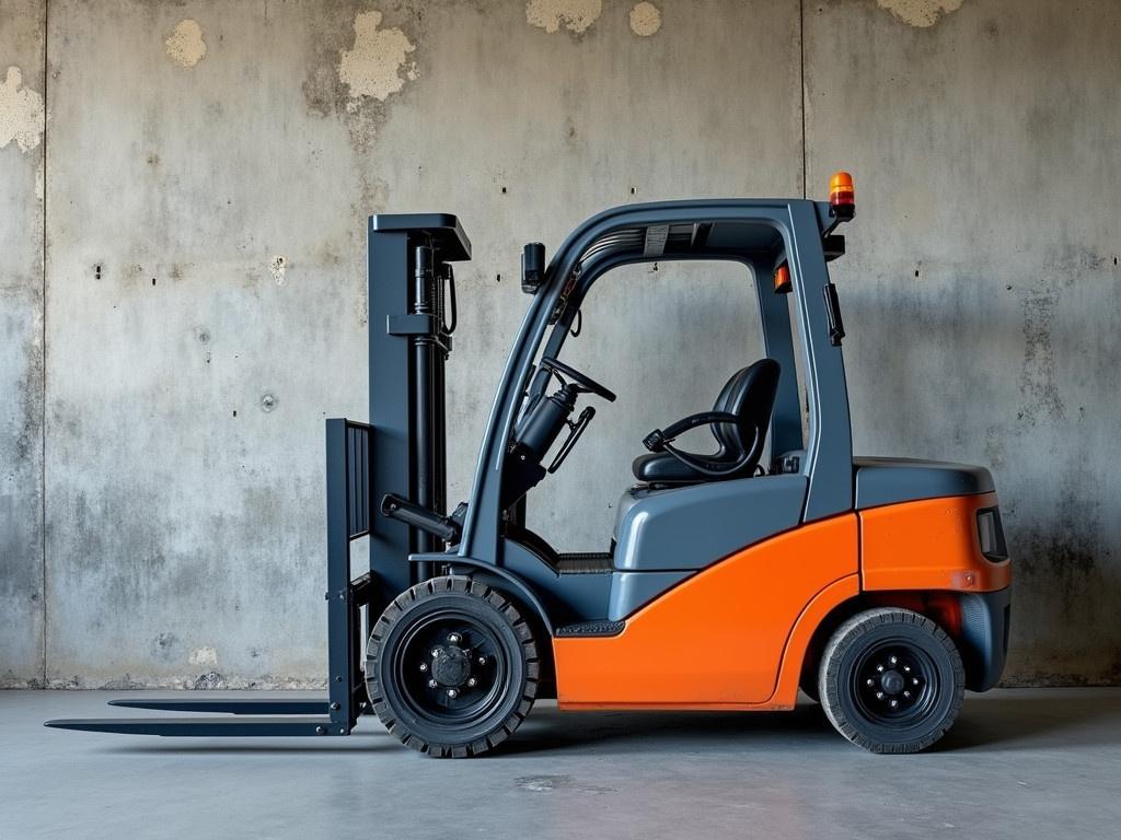 A forklift truck sits against a backdrop of an industrial dirty wall. The wall is covered in patches of gray and has a rough, textured surface that gives it a gritty, worn appearance. The forklift itself is painted in a bright orange and gray color scheme, standing out against the dullness of the wall. Its forks are lowered, resting on the ground, suggesting it's either in use or parked. The overall scene conveys a sense of working conditions typically found in warehouses or construction sites.