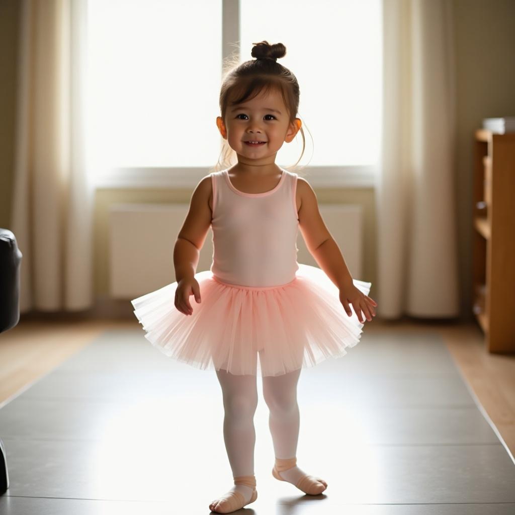 Portrait of a joyful toddler girl in a ballet outfit standing in a dance studio. The toddler is wearing a pale pink tutu and white tights with ballet slippers. Natural light fills the room, highlighting the child's happy expression and dance attire.