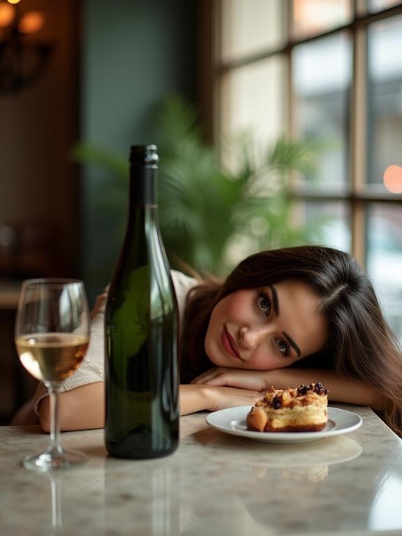 Green wine bottle on marble countertop. Cafe window background. Beautiful woman resting head on table. Looking at wine bottle. Next to half-eaten dessert. Shoulder-length glossy brown hair. Almond-shaped eyes. Modern outfit.