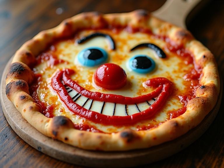 Clown face shaped pizza designed with toppings. Bright colors and a smiling expression. Cheesy texture and baked crust. Placed on a round wooden board.