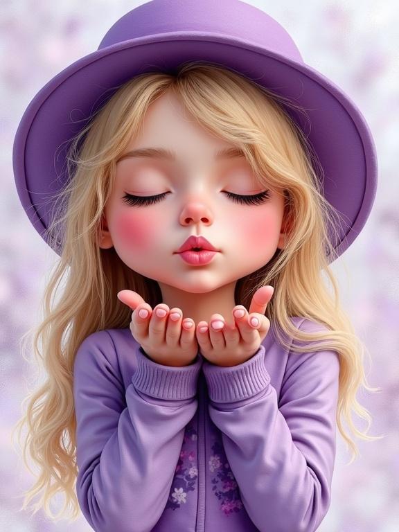 Glossy watercolor airbrushed 3D caricature of a cute little girl blowing a kiss. She has closed eyes, long eyelashes, messy blonde hair with purple highlights. A purple hat is on her head. She's wearing a purple and lavender printed top. The background features misty fog with lavender and silver textures. Ultra detailed close-up.