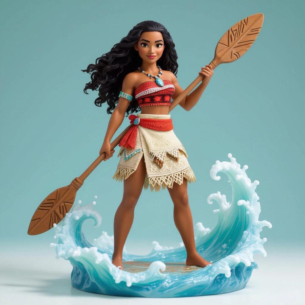 Ultra-detailed resin figure inspired by an ocean princess. Slender and powerful brown-skinned woman standing in a feminine pose. She wears a tribal dress in earth tones and turquoise. She holds a carved oar symbolizing her connection with the sea. Hair is long and wavy. Expression conveys freedom and nature connection. Base is a small rocky platform with magical water.