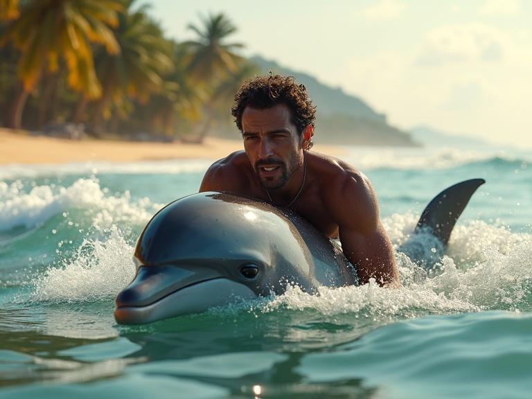 Hyperrealistic adult riding a dolphin in ocean waves towards sandy beach with palm trees. Dolphin creates splashes and foam. Clear sky at sunset or sunrise. Person's face shows relief and trust. Detailed wet skin and water reflections.