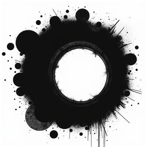Illustration of solid rugged circles in various sizes. Large circle at the center. Smaller circles surrounding with some overlap in a line illustration silhouette. Monochromatic style on a white background.