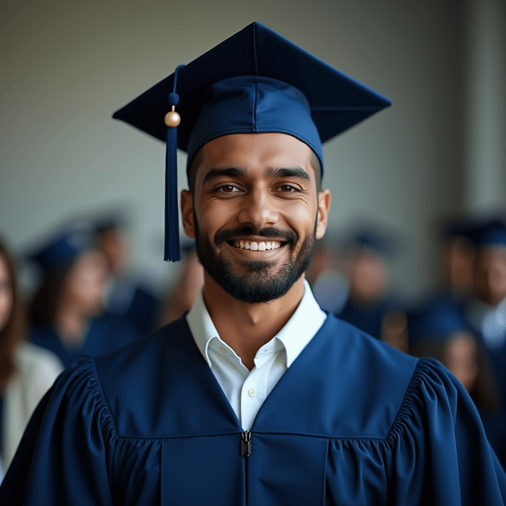 A smiling graduate in a blue cap and gown celebrates academic achievement.