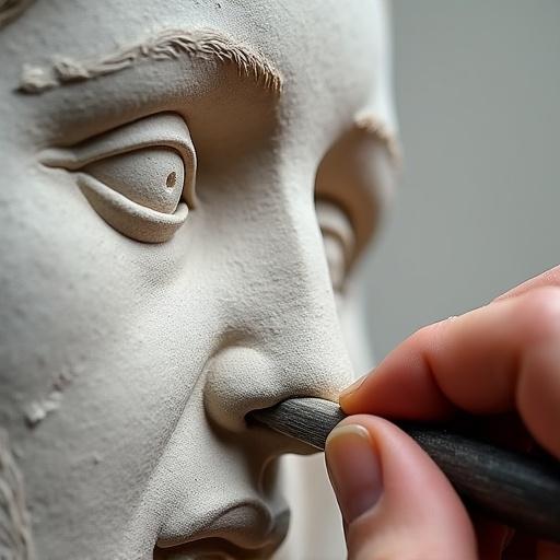 Close-up view of fine detailing on a wall sculpture. Focus on the sculptor using a chisel to refine the facial features of the sculpture.