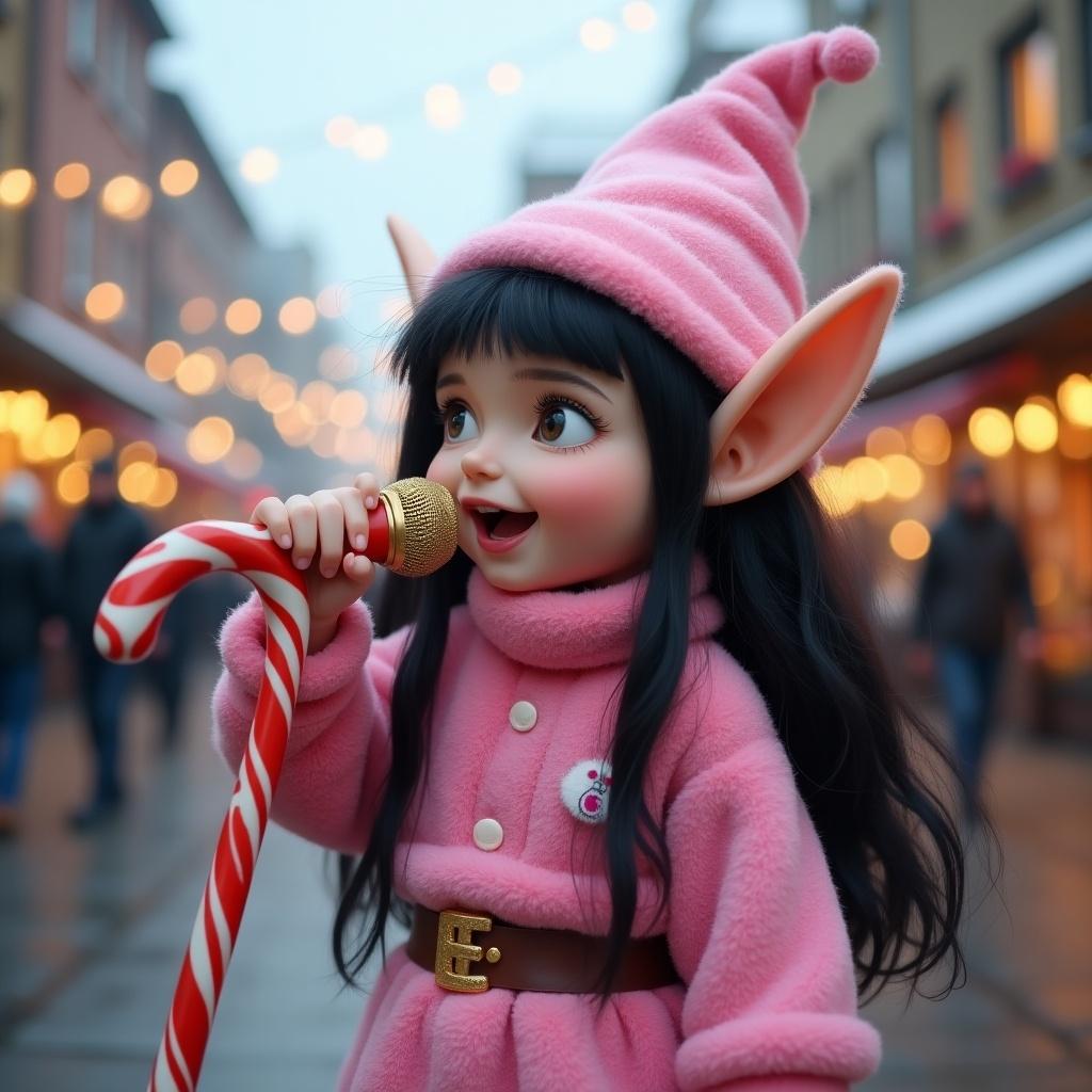 A whimsical elf sings into a microphone made of candy cane dressed in pink hip hop clothes standing in a festive town square during Christmas.