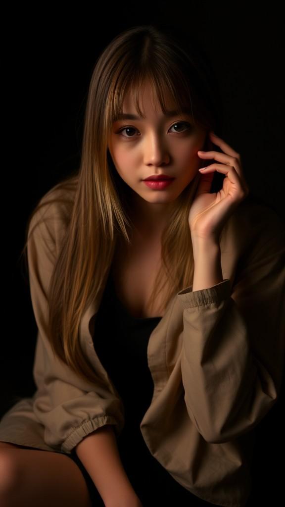 A portrait of a woman with long hair and an intense gaze, set against a dark background.