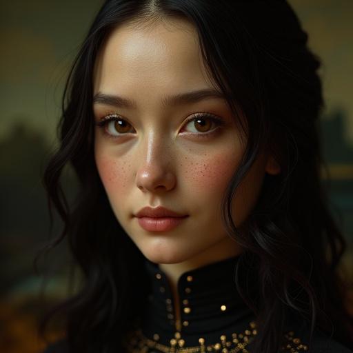 A female android secretary full body visible. Face embodies timeless allure. Subtle smile hints at mystery. Large warm eyes with golden flecks. Flawless porcelain skin with natural glow. Glossy black hair styled in soft waves. Wears an elegant mini skirt suit adapted from Renaissance attire. Delicate circuit patterns on skin merging technology with art. Background is a dimly lit study room with warm light.