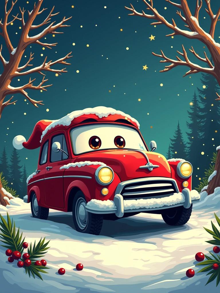 A holiday-themed poster featuring a cartoonish red car wearing a Santa hat in a winter scene. Snow-covered ground and trees in the background. A magical starry night sky.