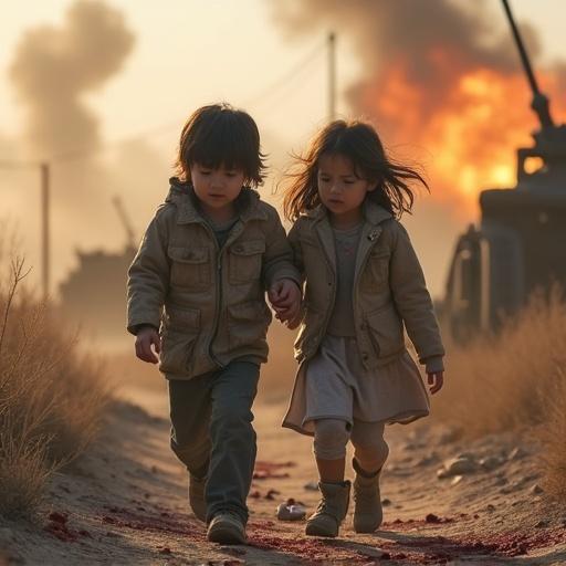 Two children standing in a war-torn area. A boy walks with a limp. A girl supports him while showing signs of injury. Background displays artillery explosions. Blood marks trail on the ground. The scene conveys urgency and fear.