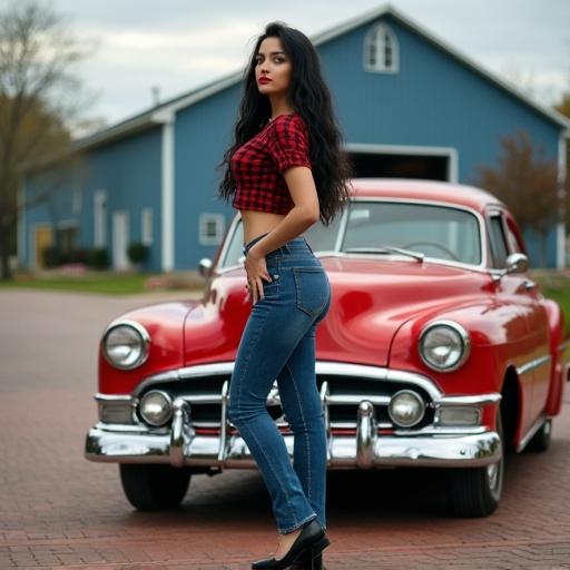Side view of a woman in plaid crop top and high-waisted jeans. She poses confidently in front of a red vintage car. Long black hair styled around her face. Slim figure with one hand on the car hood and the other on her waist. Hot humid expression. Styled with black high heels. Brick road with blue barn in the background.