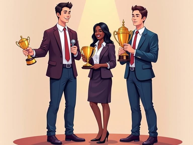 Drawing of three adults in professional clothing on a stage. Asian man holds small trophy and microphone. Black woman holds largest trophy. White man holds medium trophy. Use maroons and navy blues.