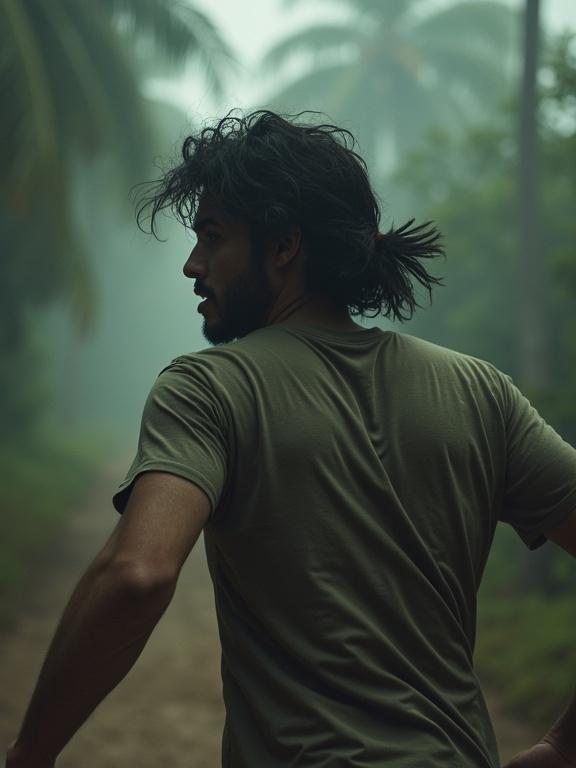 Photorealistic image of a modern day Latin man with thick black waved hair running away with his back to the camera. He looks back, creating a sense of adventure and mystery along a foggy path. The atmosphere evokes dread and terror.