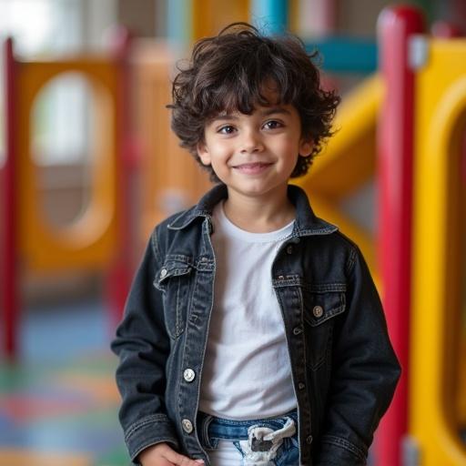 A young boy with dark curly hair and bright eyes is smiling while standing in an indoor playground. He wears a white t-shirt, a black denim jacket, and jeans. The background features colorful playground equipment.