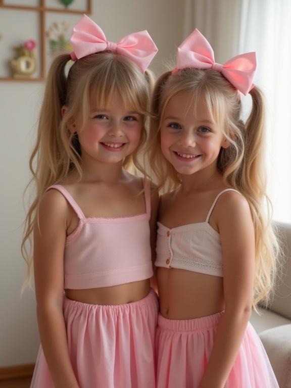 Two beautiful girls celebrate a birthday. They smile. They have blonde hair styled in long twin tails. They wear pink bows in their hair. Each girl wears a crop top and a skirt. They stand together in a living room.