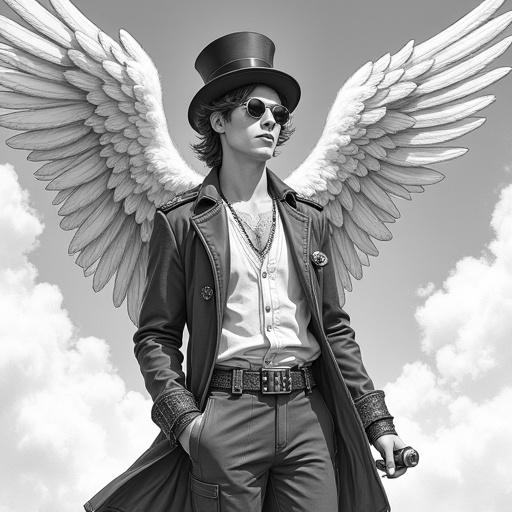 Image of a young man in steampunk style with large, detailed angel wings. He has mid-length wavy hair, round sunglasses, and a top hat with goggles and gears. His outfit consists of a striped shirt, suspenders, long open coat, and checkered pants. He has a relaxed posture with hands in pockets and holds a small bottle. Background features a soft cloud-filled sky. The drawing combines angelic elements with steampunk attributes elegantly.