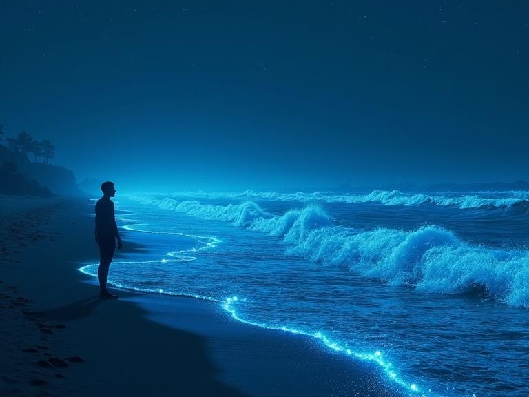 A solitary figure stands at the ocean's edge. Waves glow with bioluminescence under a night sky. Soft blue light reflects on the sand. Scene created in dark fantasy concept art style with detailed textures and volumetric lighting.