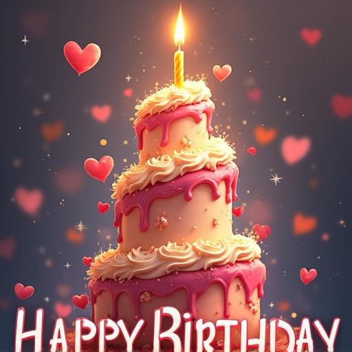 A birthday cake with a lit candle. Cake has pink frosting and is decorated with hearts. Background is blurred with a festive theme. 'Happy Birthday Srija' text suggested for overlay.