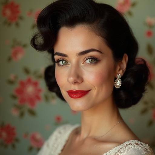 Portrait of a beautiful woman in her 40s with a round face and wrinkles. She has a classic 1950's hairstyle and green eyes. She is slightly smiling with closed lips. The background is floral wallpaper. The woman wears diamond earrings and has big red lips. Her nose is tiny and she looks elegant.