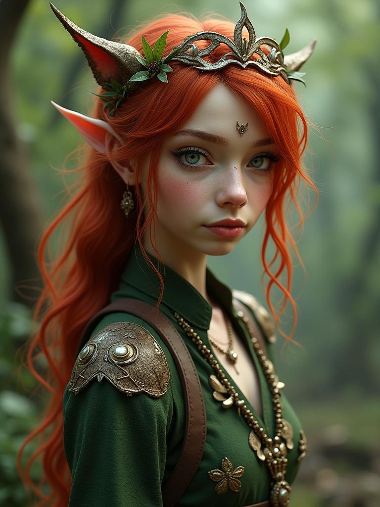 A forest elf with vibrant red hair styled elegantly. The character wears an intricate green outfit made from natural elements and magical artifacts. Jewelry and accessories indicate a connection to nature.