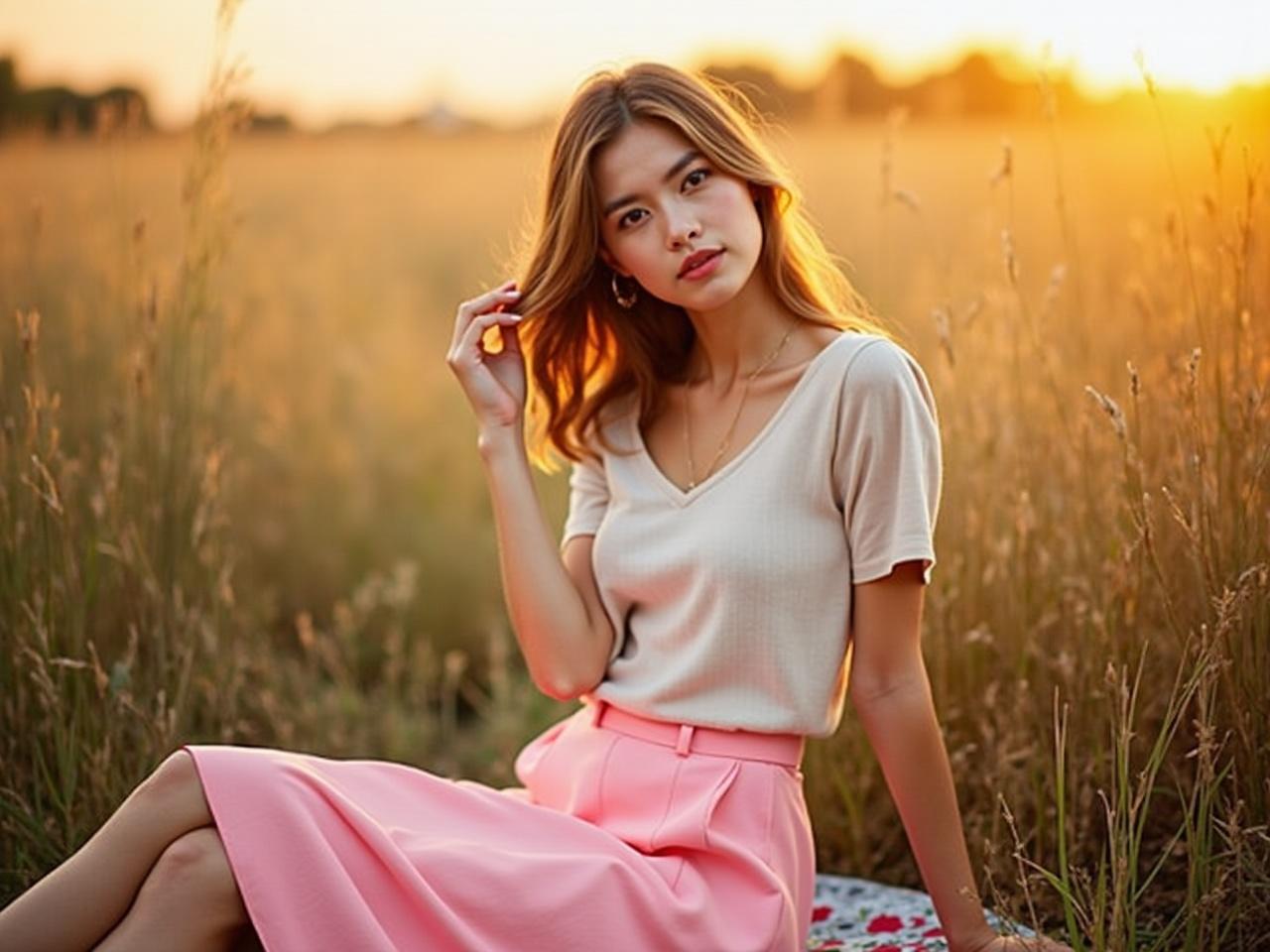 The image features a young woman sitting in a field during sunset. She is dressed in a light-colored top and a pink skirt, giving her a stylish appearance. The background consists of tall grasses that are lit by the warm golden light of the setting sun. The woman has a playful pose with one hand touching her hair. The overall mood of the image is serene and stylish, showcasing the beauty of nature and fashion.