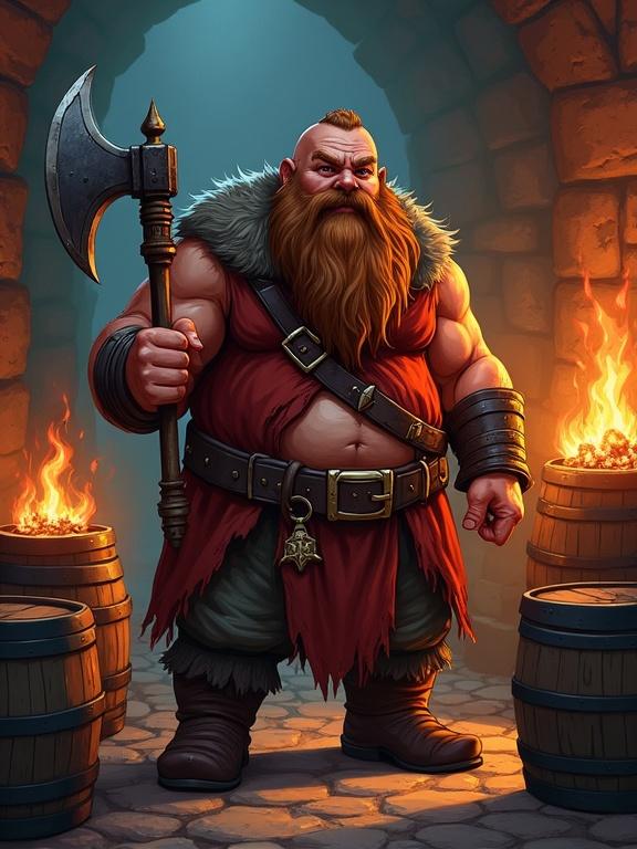 Hand-drawing comic art style with flat shading. A muscular dwarf with a beard, holding an axe. He stands in a dimly lit tavern, surrounded by wooden barrels and flickering torches. Use vibrant colors and dynamic lighting from the fire.