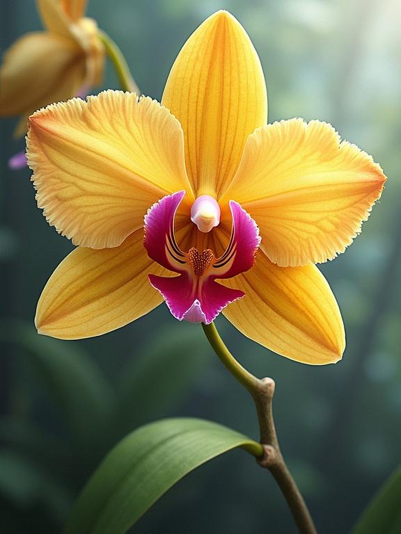 A detailed illustration depicts a single 'Gold of Kinabalu' Orchid. The flower showcases vibrant yellow petals with a stunning purple center. The background is softly blurred emphasizing the beauty of the orchid.