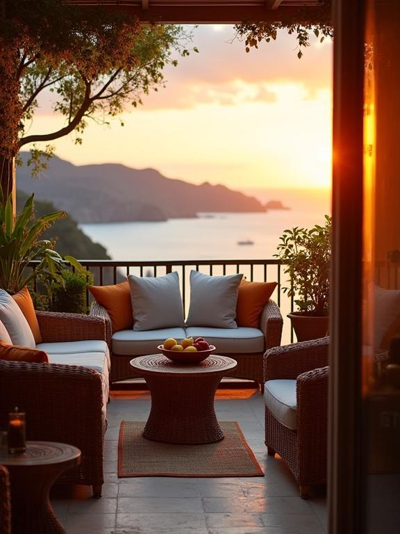 A cozy outdoor seating area with wicker furniture overlooking a scenic coastal view. A small table with a basket of fruit. Potted plants add greenery. Background features a beautiful sunset over the sea and mountains in the distance. The scene is warm and inviting.