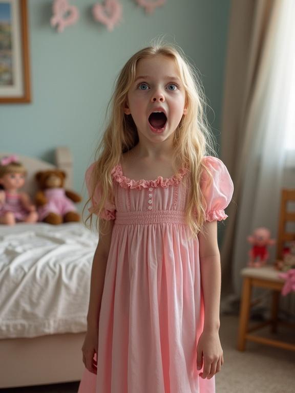 Full-body photo of an 8-year-old girl in a pink nightgown. Girl has long hair and blue eyes. She looks shocked and is screaming. The room is decorated with toys and dolls. There are curtains and a window in the background. The scene captures a playful childhood environment.