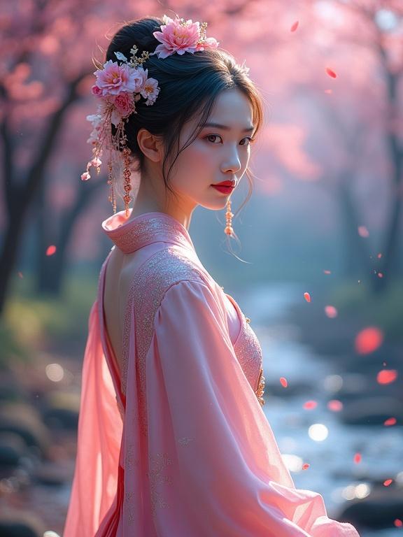Portrait of a beautiful Chinese woman in elegant flowing Hanfu. Illuminated by soft pearlescent light. Intricate floral hair accessories adorned with dew. Cherry blossom petals drift in a dreamy landscape. Emphasis on untouched nature and mystical adventure.