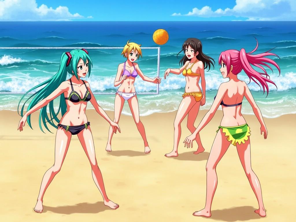 The image depicts four anime-style girls enjoying a sunny day at the beach, playing volleyball. They wear colorful bikinis that reflect their personalities. The setting includes a vibrant ocean in the background and a clear blue sky with fluffy clouds. The girls are engaged in the game, showcasing friendship and fun. The bright colors and joyful atmosphere evoke a sense of summer and relaxation.