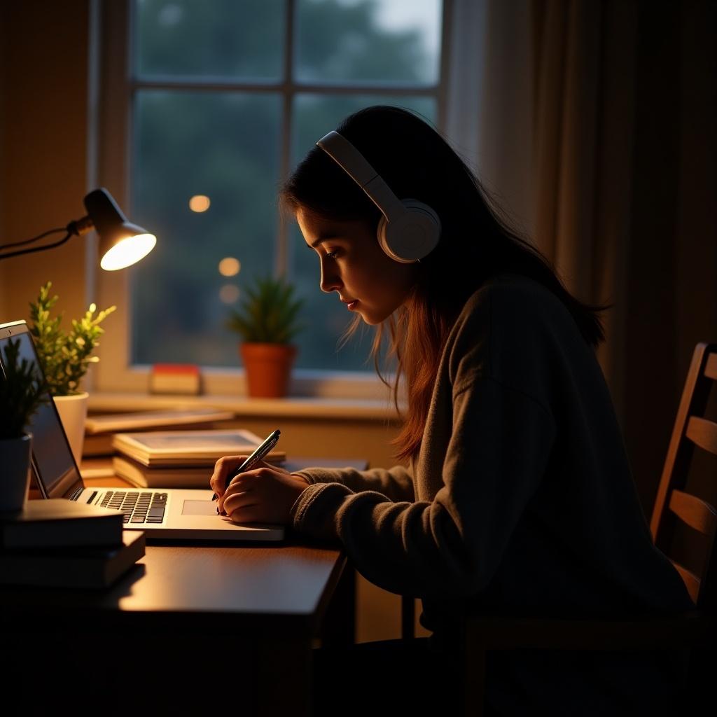 A young woman wearing headphones is focused on writing in a notebook at her cozy desk during the night. The scene is illuminated by a soft desk lamp, casting warm light across the workspace. Potted plants add a touch of nature, enhancing the serene atmosphere. The woman’s back is turned, highlighting her concentration and commitment to her task. The environment appears inviting and peaceful, perfect for studying or working late into the evening.