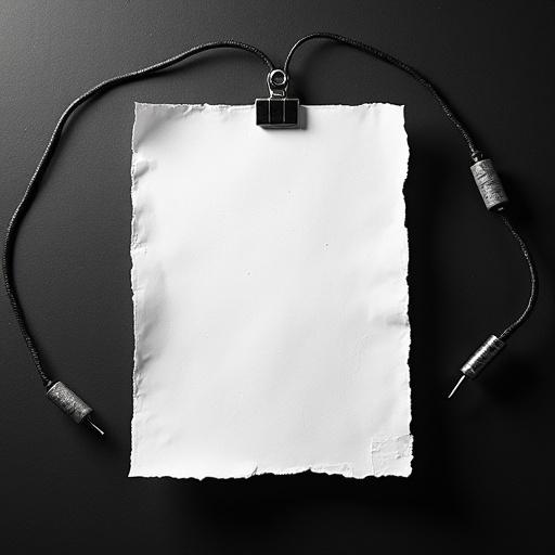 A white paper on a matte black background. Paper has a retro feel with wrinkles and a slight off-white-brownish tint. Copper wires with insulation connect the paper. The image has a faint outline of a brain in the background.