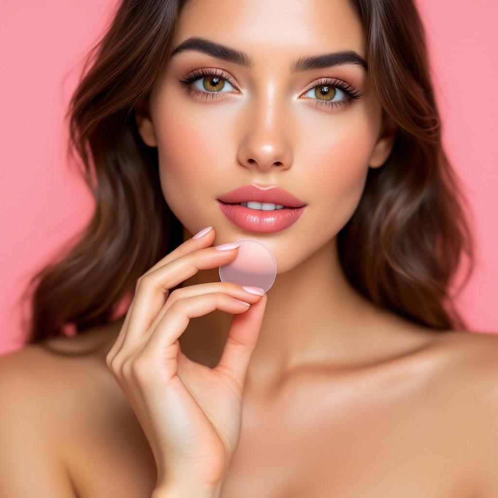 Studio-lit close-up of a female model with warm medium skin tone. Dark brown hair in soft waves. Light pink lip gloss. Front-facing pose holding translucent nipple cover. Smooth pink background. Elegant branding in corner.