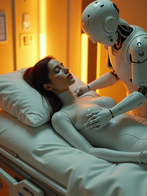 High-tech recovery chamber with warm golden backlight. Elegant woman with long dark hair asleep on med-bed. Clothed in seamless light grey nano-fabric suit. Two advanced androids analyzing her wounds with multi-limbed medical arms. Soft fog from cooling vents. Floating data panels. Emotional quiet moment. Cyberpunk aesthetic. Hyperrealistic detail.