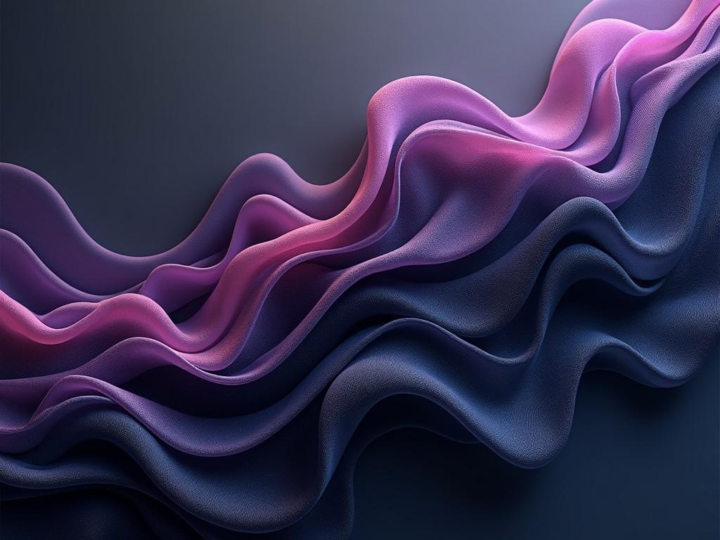 This image features a flowing abstract background with curved lines that create a wave-like effect. The dominant colors blend shades of purple and black, set against a dark gray background. It resembles sheets of silk in motion, showcasing smooth and soft textures. The design draws inspiration from ocean waves, creating a calming yet dynamic visual experience. It feels modern and digital, suitable for contemporary art and graphic design purposes.