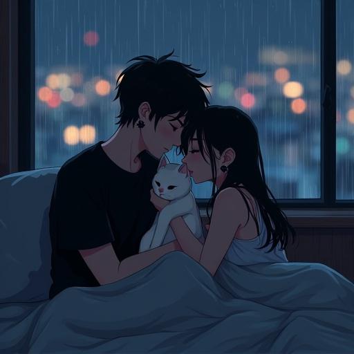 Dark rainy night atmosphere with couple cuddling in bed. Person in black T-shirt and earrings. Long black hair woman in camisole dress. Soft quilt covers. White cat in their arms. City lights visible through large window. Faint light creates a lonely, melancholic mood. Style is pixel art resembling Japanese manga.