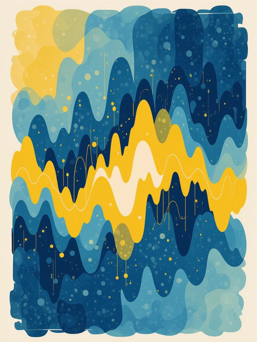 Abstract design featuring digital signal waves. Background displays mild blue and yellow tones. Waves undulate in captivating patterns and textures.