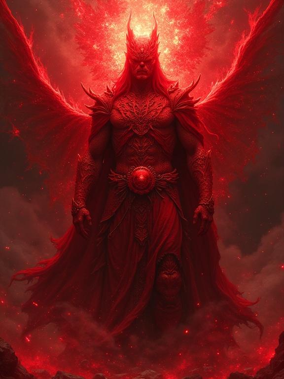A red symbol depicting strength and fantasy with high quality and detailed features. The design showcases an imposing figure surrounded by a glowing red background.