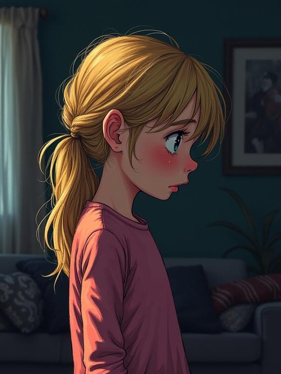 Illustration of a blonde girl in a dark living room. She has a worried expression. Hair is in a ponytail. Wearing a pink shirt. Side profile view shows her emotions. Illustrative style with bold lines and deep colors.
