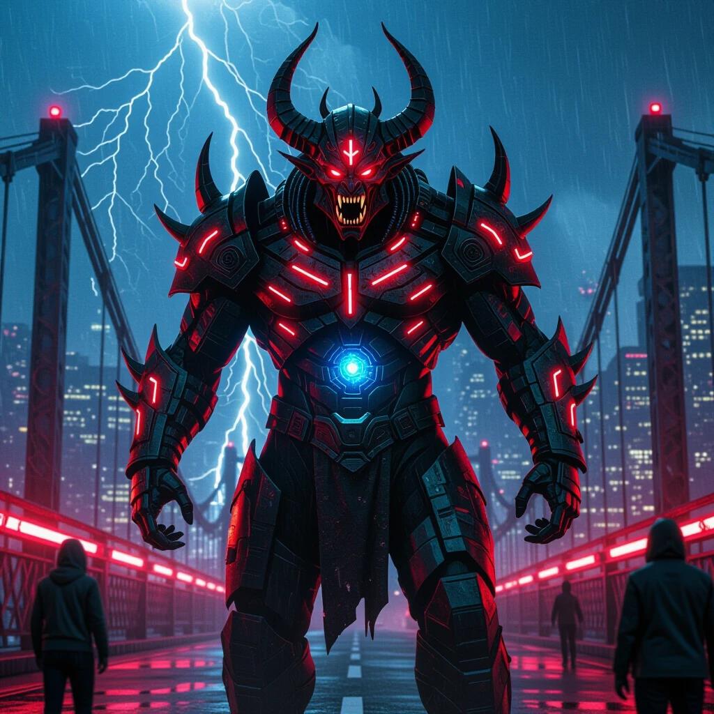 A cyber-demon in glowing red armor snarls on a neon and rust bridge. Its blue core glows with sorrow. Rain falls and lightning reveals its form. Dark futuristic setting with gritty textures and reflective elements.