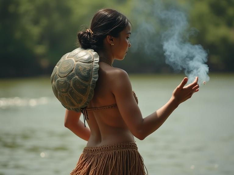 A female prehispanic Maya dancer wears a turtle shell on her back. She poses in a minimalistic slow-motion style with body markings. The setting is a ceremonial riverbank or lagoon with incense.