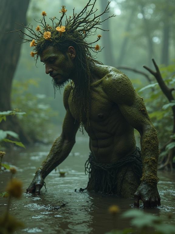 A primordial prince emerges from a murky swamp with moss and mud on his skin. He has organic jewelry made of roots and fungi. The scene is misty and filled with the sounds of creatures. The image has a grainy, vintage feel with surreal elements.